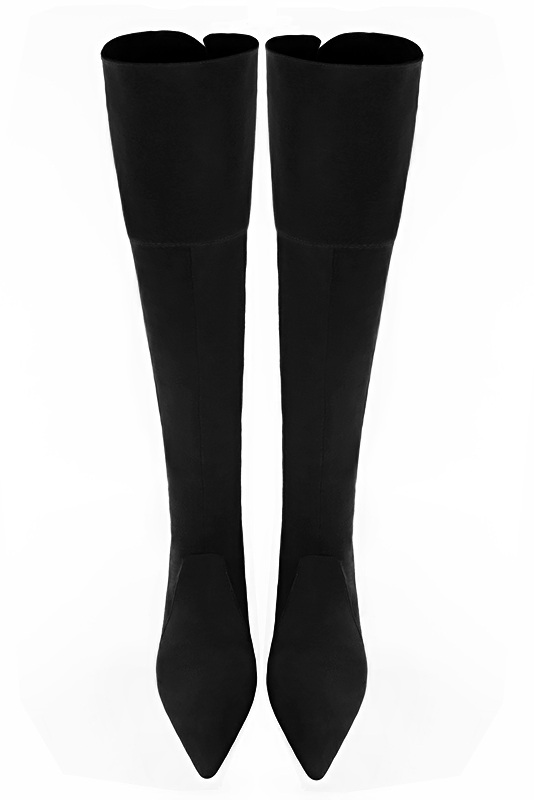 Matt black women's leather thigh-high boots. Pointed toe. Low flare heels. Made to measure. Top view - Florence KOOIJMAN